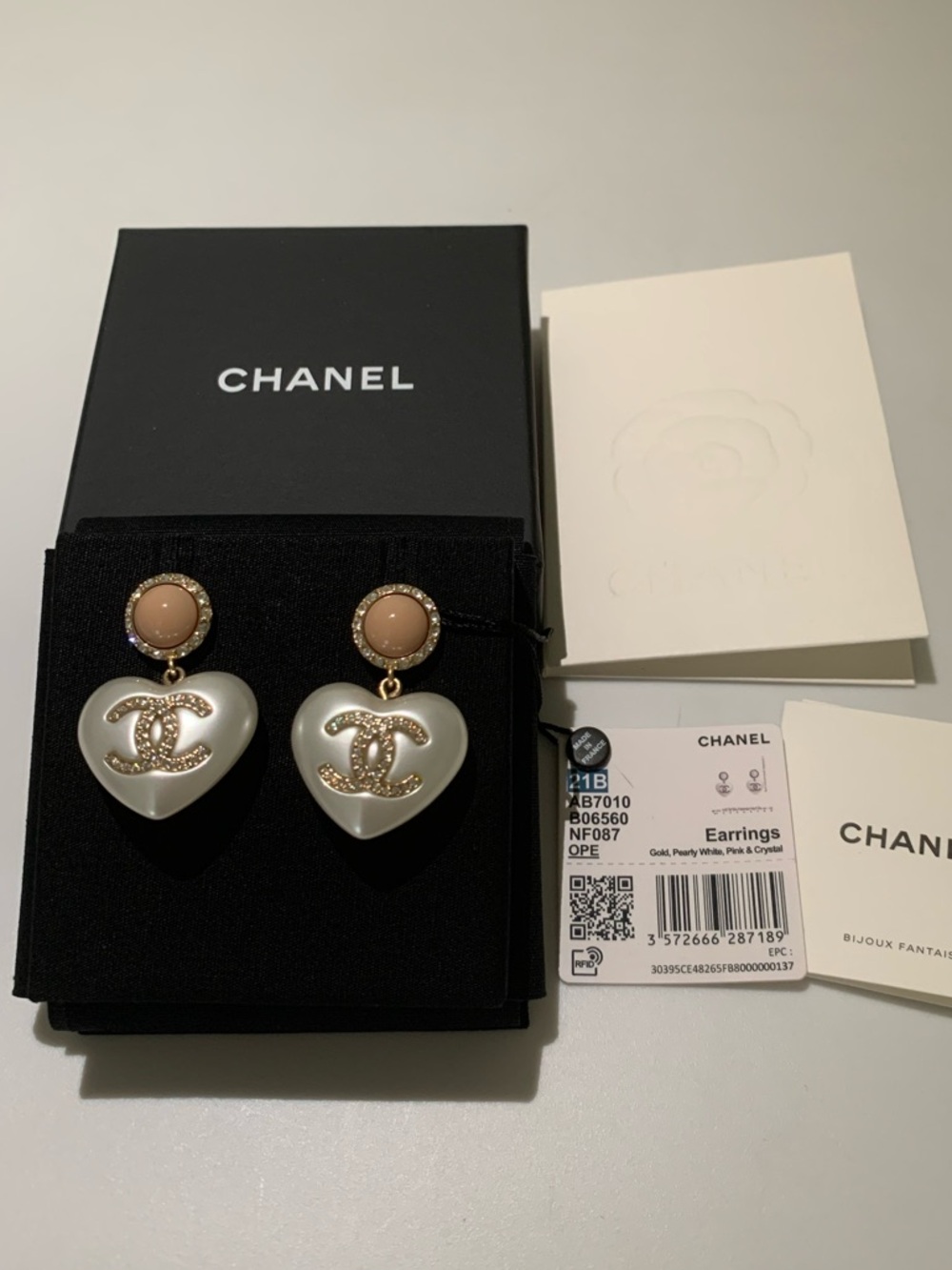 CHANEL Pearl Resin Crystal CC Heart Drop Earrings Pink with Gold Hardware